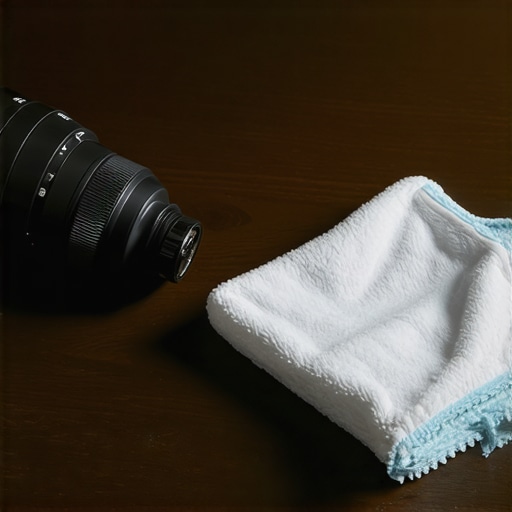 Essential Projector Maintenance Tools Manual air blower and microfiber cloth for cleaning a home theater projector lens.