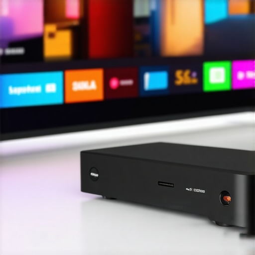 Close-up of an external streaming device connected to a TV for better audio processing.