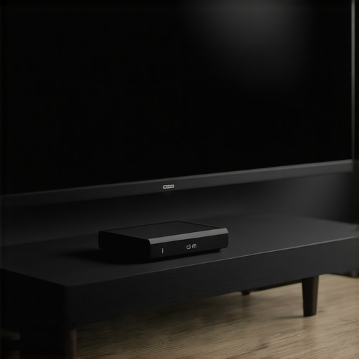 External Streaming Box and Blu-ray Player Comparison A high-end home cinema setup featuring an external streaming device and a 4K Blu-ray player on a wooden stand.