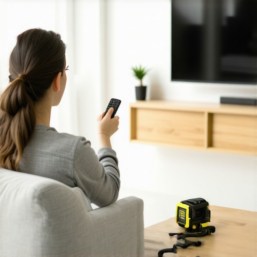Fine-tuning the visual alignment of a wall-mounted TV A man calibrating a TV mount in a living room to match the ceiling line.
