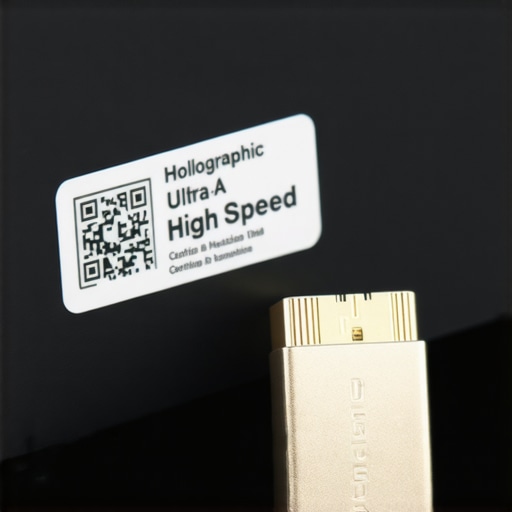 HDMI Certification Hologram and Metal Connector A close-up view of the holographic certification seal on an HDMI cable package and its heavy-duty metal housing.