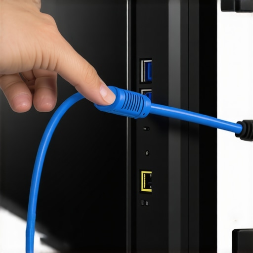 Hardwiring a 4K TV for better streaming A person plugging a Cat6 Ethernet cable into a smart TV port.
