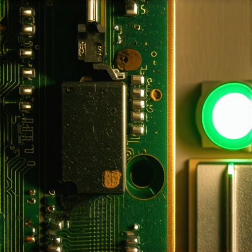 Macro view of a damaged power strip circuit board where the protection component has failed while the status light remains on.