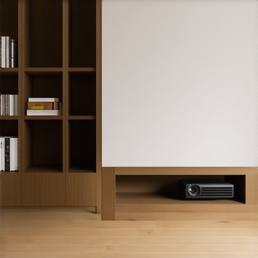 A stylish wooden bookshelf featuring a hidden ventilated compartment for a home cinema projector.
