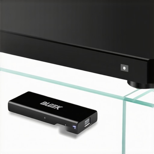 A premium 4K Blu-ray player and a small streaming dongle compared on a home theater media console.