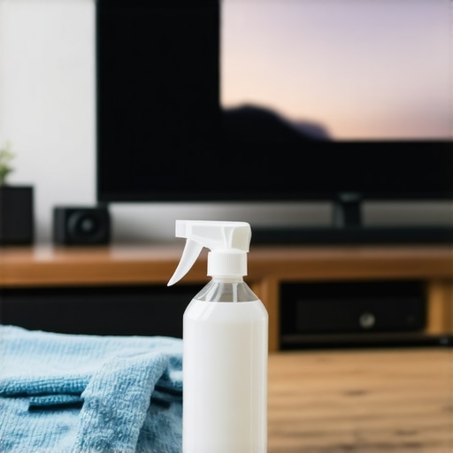 A high-end TV screen being maintained with specialized optical cleaning tools on a wooden console.