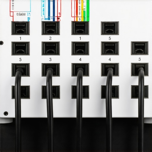 High-End Power Conditioner Isolated Outlet Banks Close-up of isolated outlet banks on a professional home theater power conditioner with heavy duty cables.