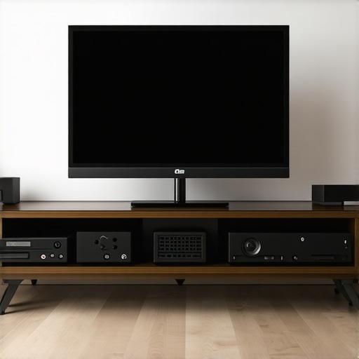 Close-up of a home theater power conditioner and ventilated media cabinet for cooling electronics.