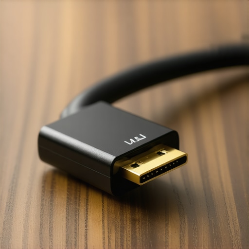 A close-up of a premium shielded display cable on a desk to prevent static interference
