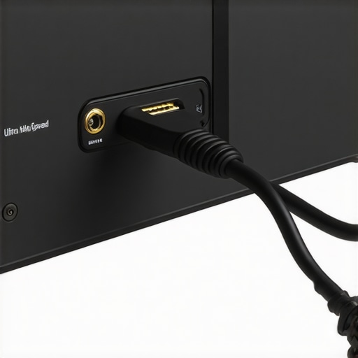 Close up of an HDMI cable being plugged into a 4K TV
