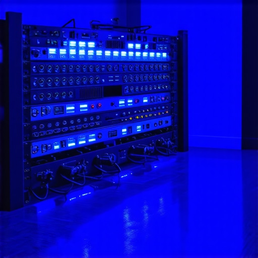 High-end home theater power management and equipment rack A professional home cinema equipment rack showing power conditioners and organized media players