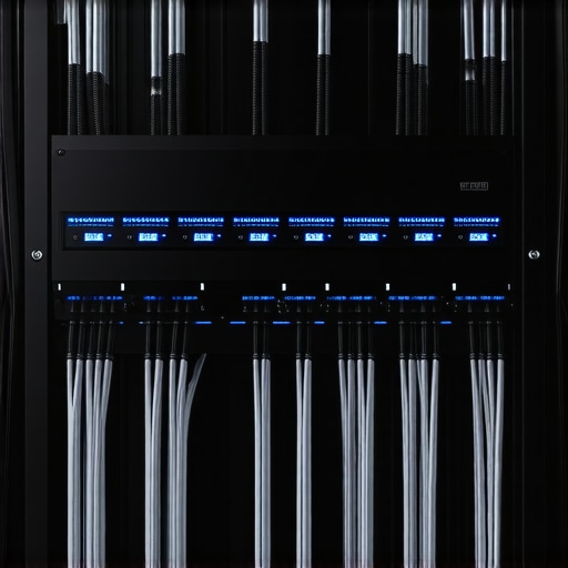 High-end power conditioner for home cinema stability A close-up of a power conditioner with digital displays in a dark equipment rack.