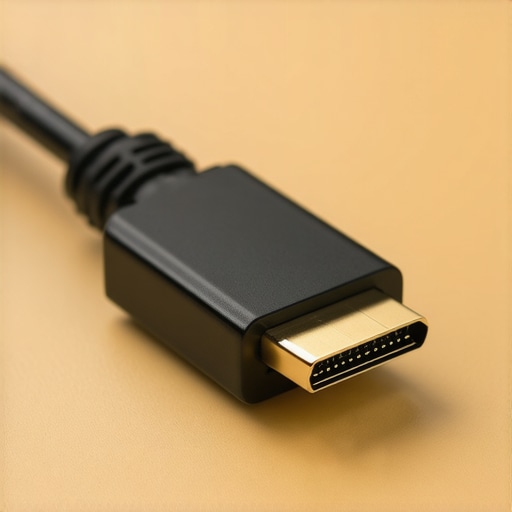 High-quality shielded cable with ferrite bead A close-up of a DisplayPort cable showing the ferrite bead used for reducing electromagnetic interference.