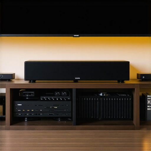 Home Cinema Maintenance and Power Conditioning A professional home theater setup showing clean cable management and a power conditioner for better audio-visual performance.
