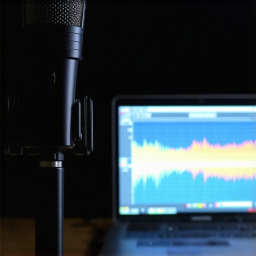 A USB measurement microphone on a tripod measuring room acoustics for calibration
