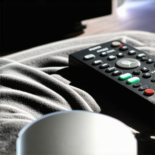 Calibration disc and remote on a theater table with projector light in background