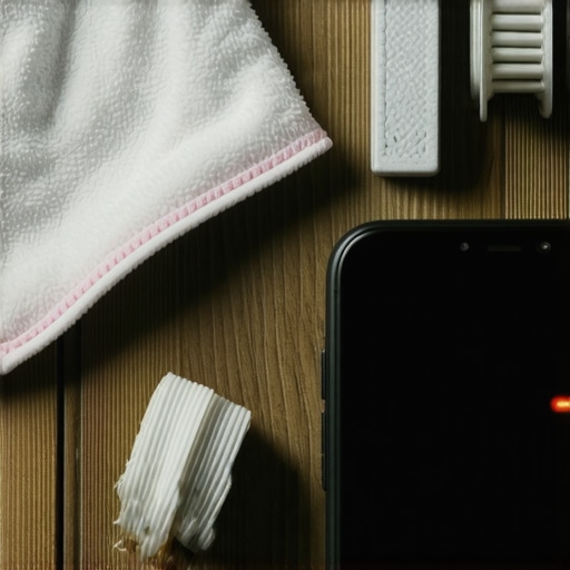 Tools for maintaining a home cinema including cleaning supplies and a smartphone camera test for IR sensors.