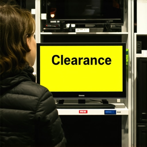 Identifying clearance markdowns in a retail store A shopper inspecting a TV with a manager's special clearance tag in an electronics warehouse.