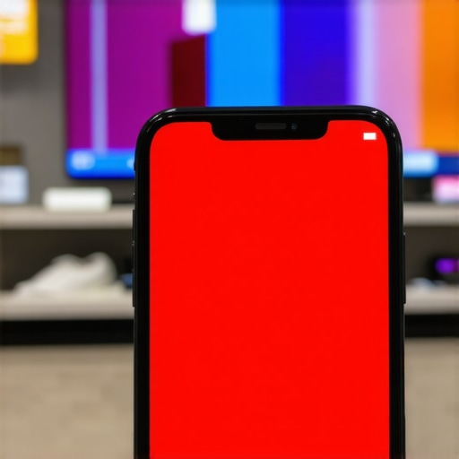 Hands holding a smartphone running a pixel test next to a large TV screen in a retail store.