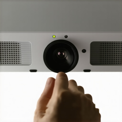 Inspecting a projector lens with a mirror A person performing maintenance on a home cinema projector using the mirror trick to see lens dust.