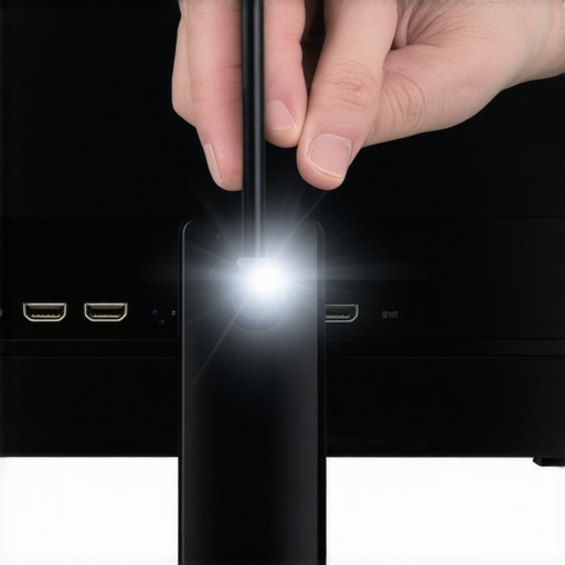 A close-up of using a phone light to check for damaged pins on a used monitor's input ports.