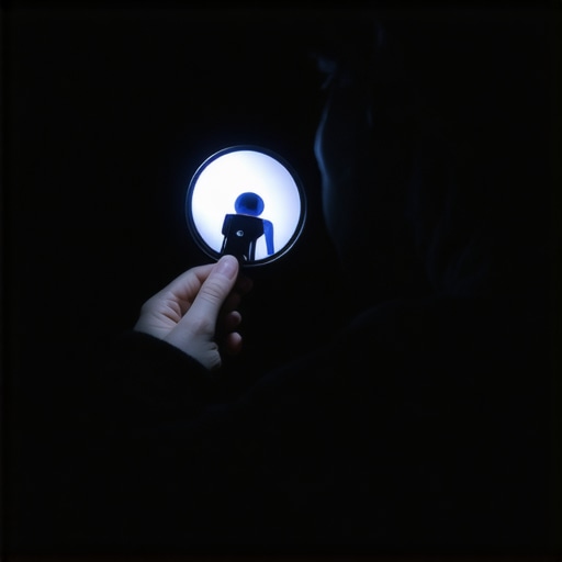 Inspecting the Projector Lens for Dust A person using the mirror trick to check for internal dust on a projector lens.