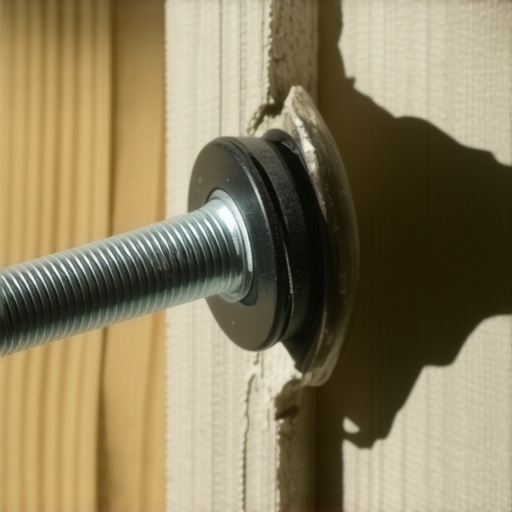 A detailed view of a metal toggle bolt and rubber washer prepared for a hollow wall installation.