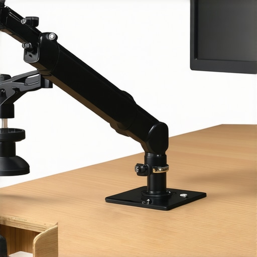 Close-up of a C-clamp monitor arm attachment on a wooden desk edge.