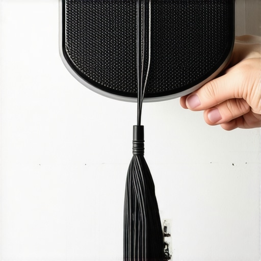Invisible Fishing Line Cable Management Technique A hand demonstrating how to use clear fishing line to secure a black speaker cable against a wall for a clean home cinema look.