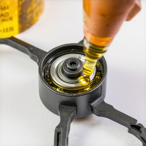 Lubricating the projector fan bearing Close up of a person applying oil to a small projector fan bearing to reduce noise.