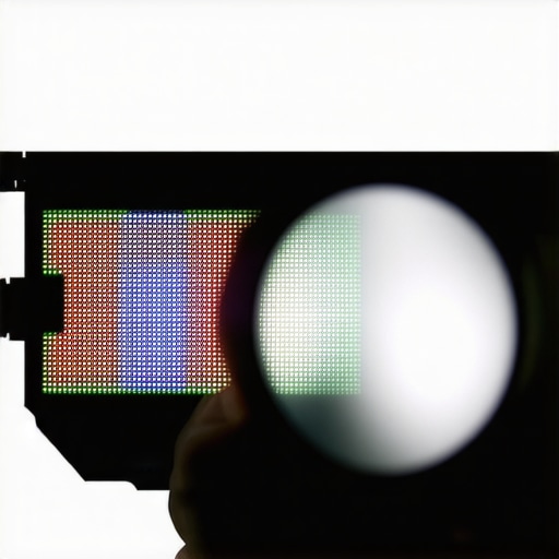 Close-up view of red, green, and blue subpixels on a TV screen under a flashlight and magnifying glass.