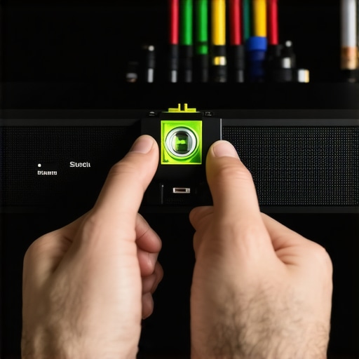 Close-up of home cinema cable organization and speaker leveling for better maintenance