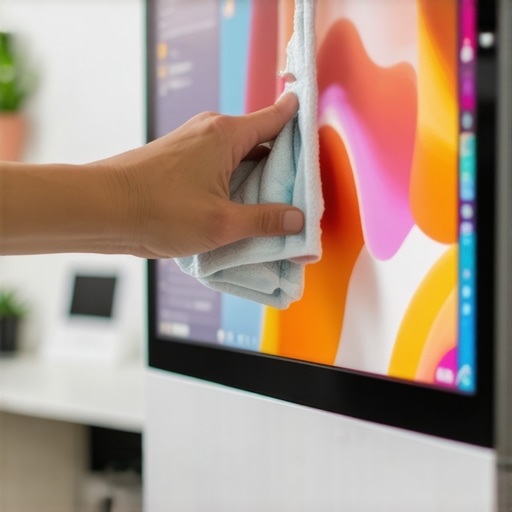 Microfiber cloth cleaning a high-resolution computer screen