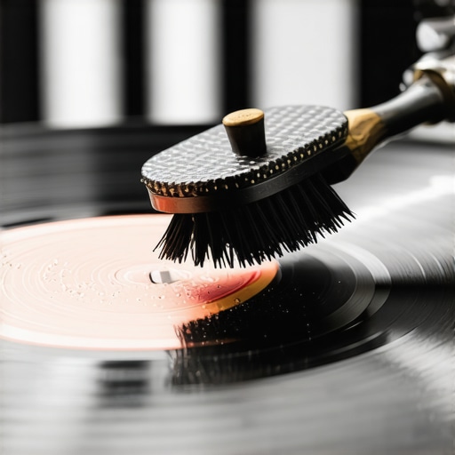 Maintaining a clean vinyl record for better sound Close up of a carbon fiber brush cleaning a vinyl record on a turntable