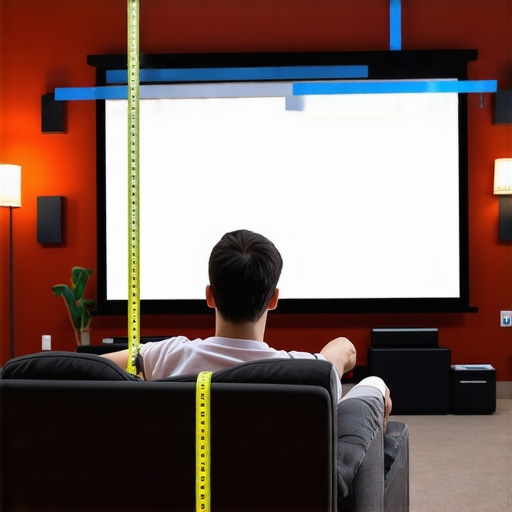A homeowner measuring seated eye height to determine the correct position for a projector screen.