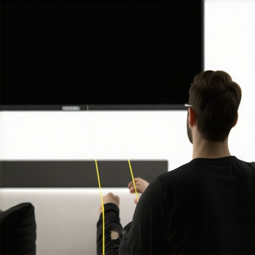Measuring TV viewing distance using the string method A homeowner using a string to measure the distance between their eyes and a wall-mounted television.