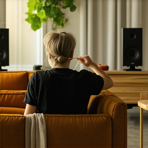 A person measuring the speaker distance to the couch using a string for perfect surround sound alignment.