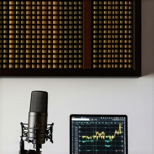A measurement microphone positioned in front of a DIY book-based acoustic diffuser to test room response.
