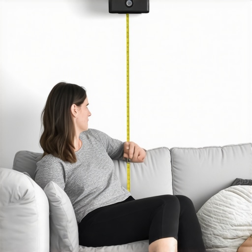 Person measuring ear height for home theater speaker placement