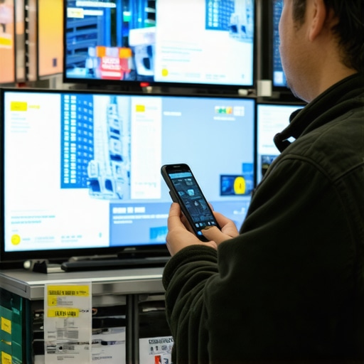 Mid-week tech shopping for better deals A shopper comparing digital prices on a smartphone in a quiet electronics store aisle.
