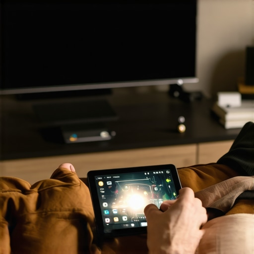 Modern Tablet Remote for Home Cinema Maintenance An old tablet repurposed as a smart home theater remote control for a high-end TV setup.