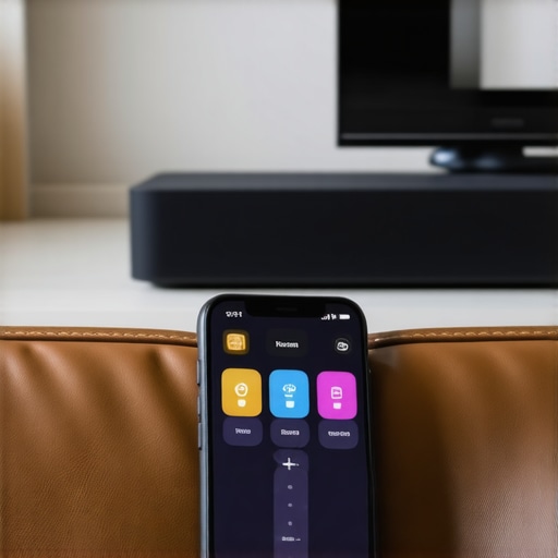 Modern smartphone interface for home cinema control A smartphone being used as a high-tech universal remote for a home theater setup