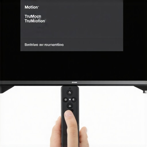Navigating TV Motion Menus Close up of a smart TV menu showing motion smoothing and de-judder settings being adjusted with a remote.