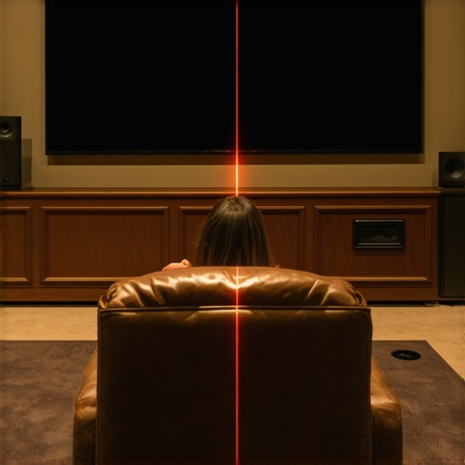 A demonstration of correct projector screen height relative to seated eye level and audio equipment.