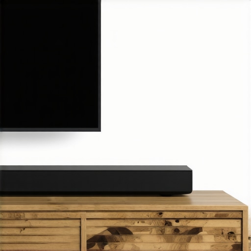 Optimal soundbar placement at the edge of furniture Close-up of a soundbar moved forward on a stand for better audio quality