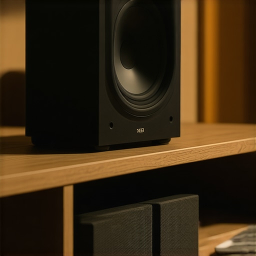 A properly placed home cinema center channel speaker tilted upward for clear dialogue