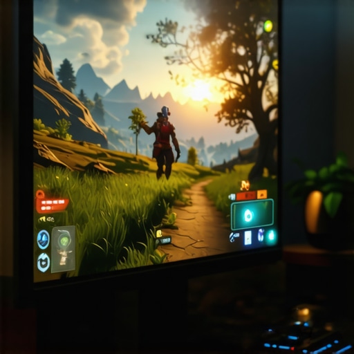 A calibrated gaming monitor displaying vibrant colors with warm LED bias lighting behind the desk in a dark room.