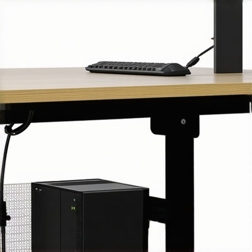 A monitor power brick securely mounted in a wire mesh bracket under a desk to allow for 360-degree airflow.