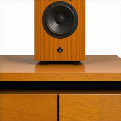 Optimized center channel placement with isolation foam A center channel speaker elevated and tilted on isolation pads at the edge of a shelf.