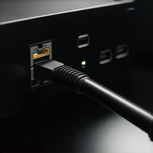 Optimizing 4K Streams with Ethernet A close-up of an ethernet cable plugging into a streaming box for better video quality.